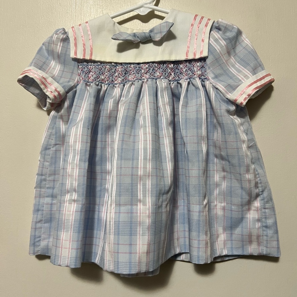 Polly Flinders infant babydoll dress 12 months blue plaid  Peter Pan collar